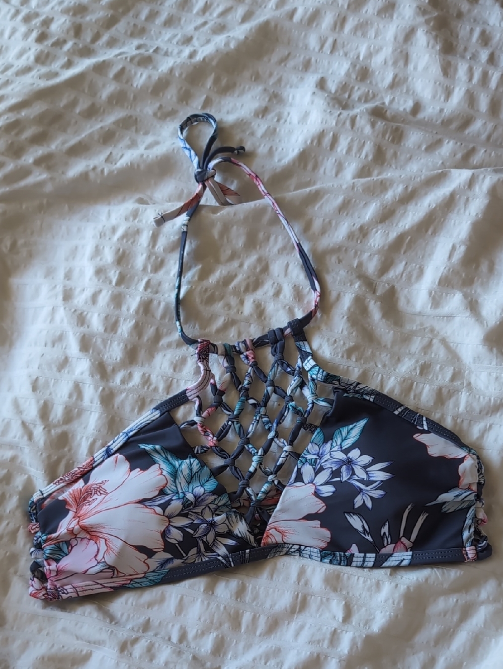 Floral High-Neck Lace-Up Bikini Top - Navy